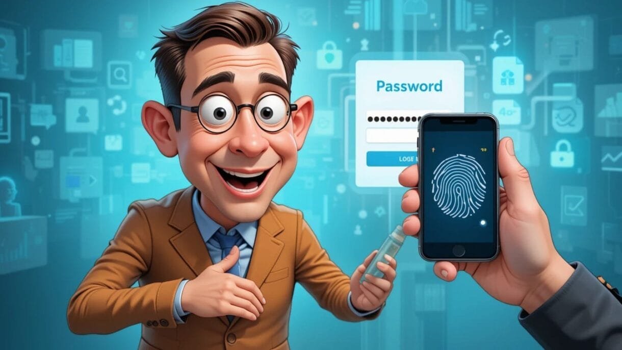 An image representing multi factor authentication such as a phone displaying a one time password alongside a fingerprint scan or a physical security key