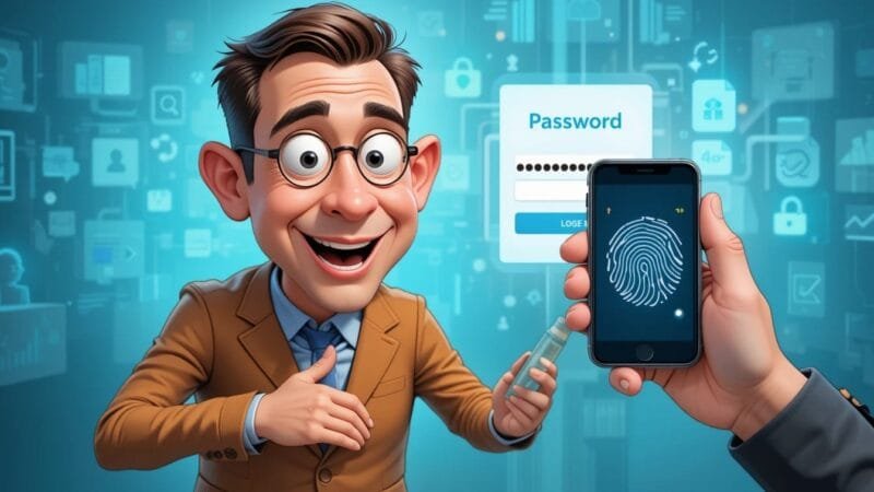 An image representing multi-factor authentication, such as a phone displaying a one-time password alongside a fingerprint scan or a physical security key.