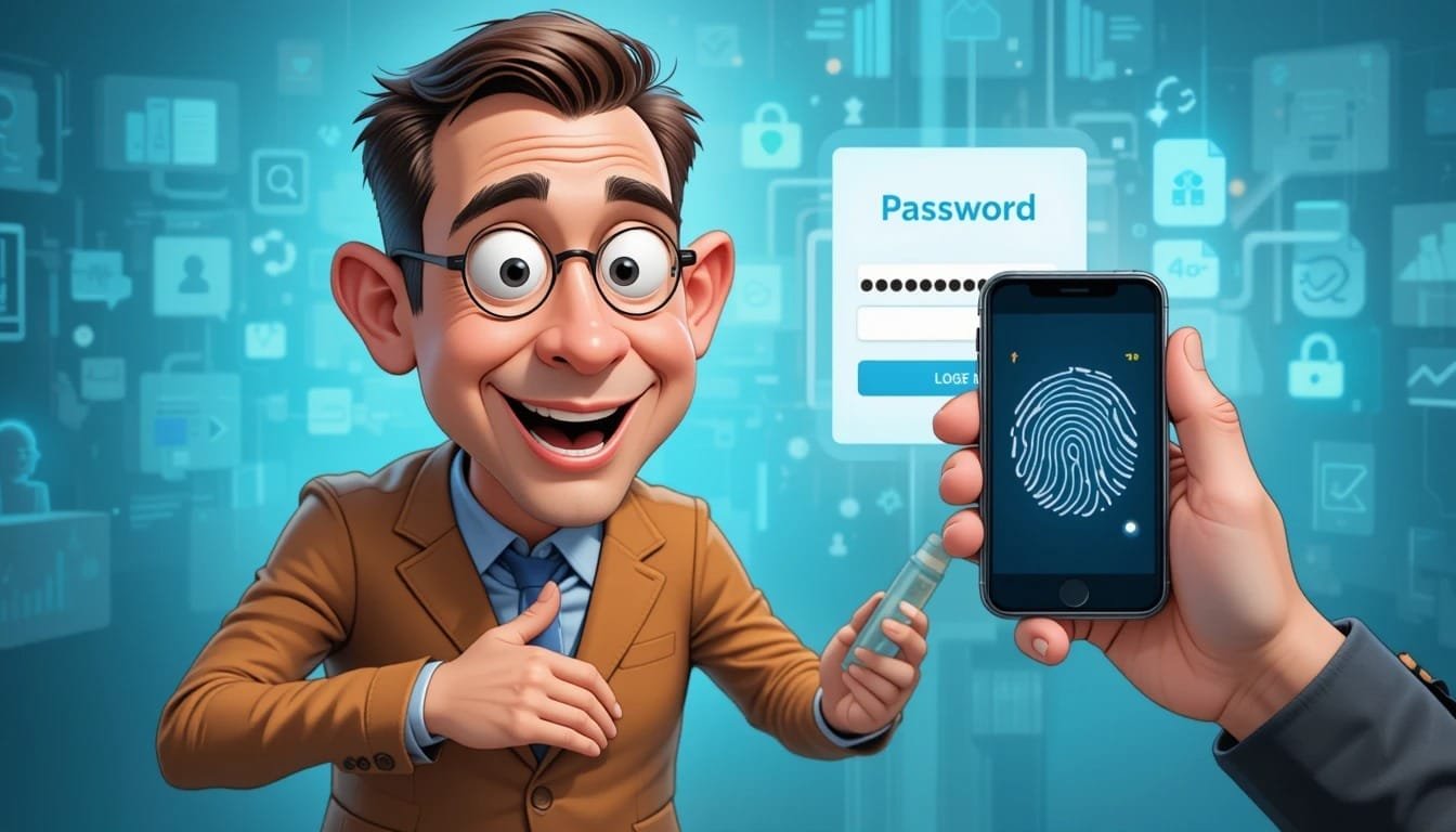 An image representing multi factor authentication such as a phone displaying a one time password alongside a fingerprint scan or a physical security key