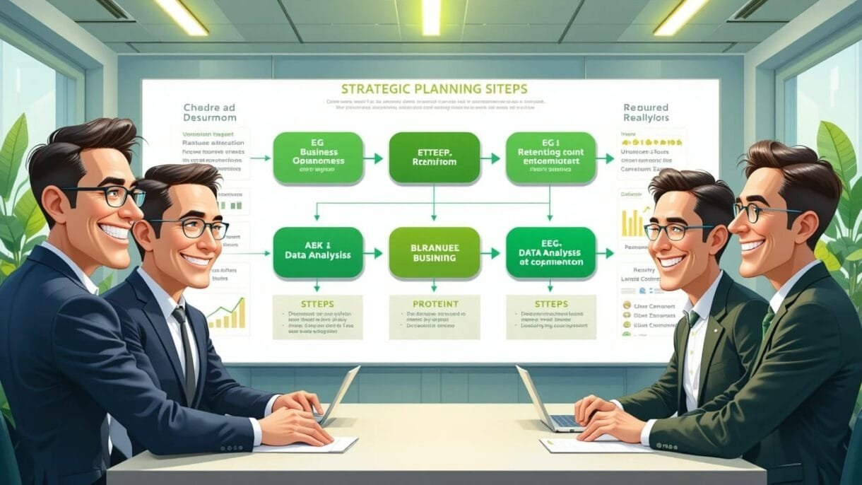 Infographic of strategic objectives driving actionable analytics in a futuristic office setting