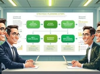 Infographic of strategic objectives driving actionable analytics in a futuristic office setting.
