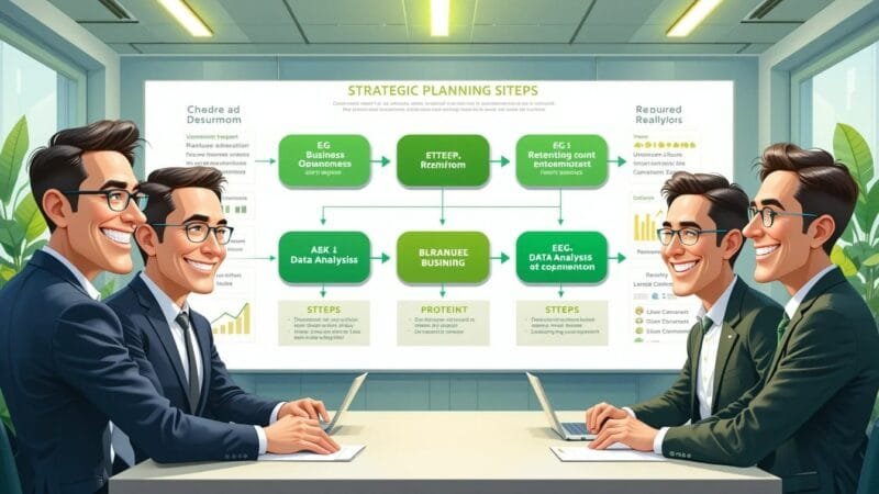 Infographic of strategic objectives driving actionable analytics in a futuristic office setting.