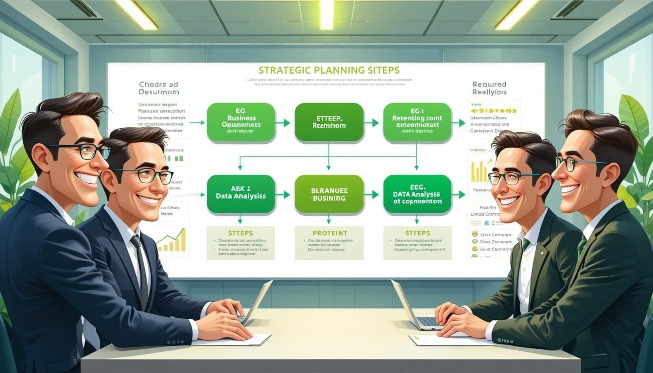 Infographic of strategic objectives driving actionable analytics in a futuristic office setting