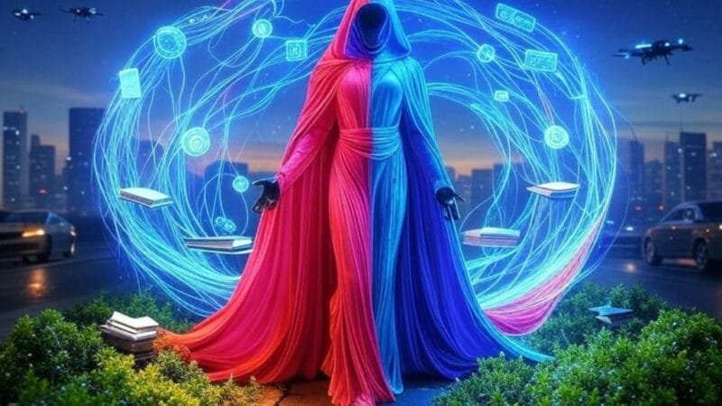 Abstract art of AI and leadership, blending technology and human resilience in vibrant colors