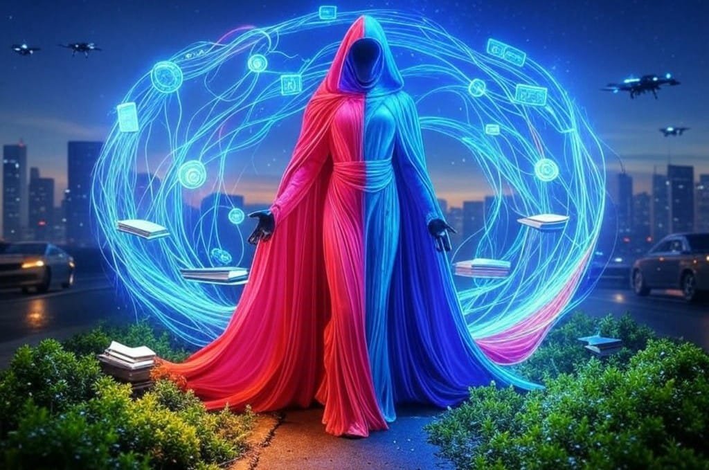 Abstract art of AI and leadership blending technology and human resilience in vibrant colors